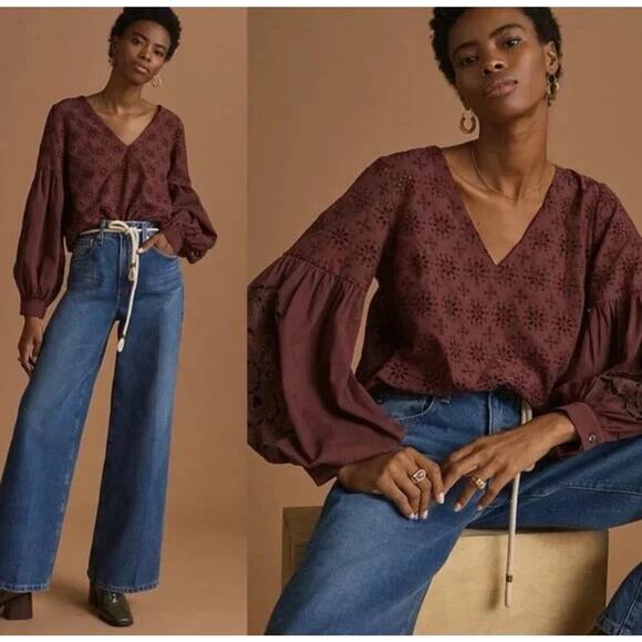 Anthropologie Tunic Eyelet Raspberry long sleeve tunic top Size Small Boho Ae7 - Picture 1 of 9